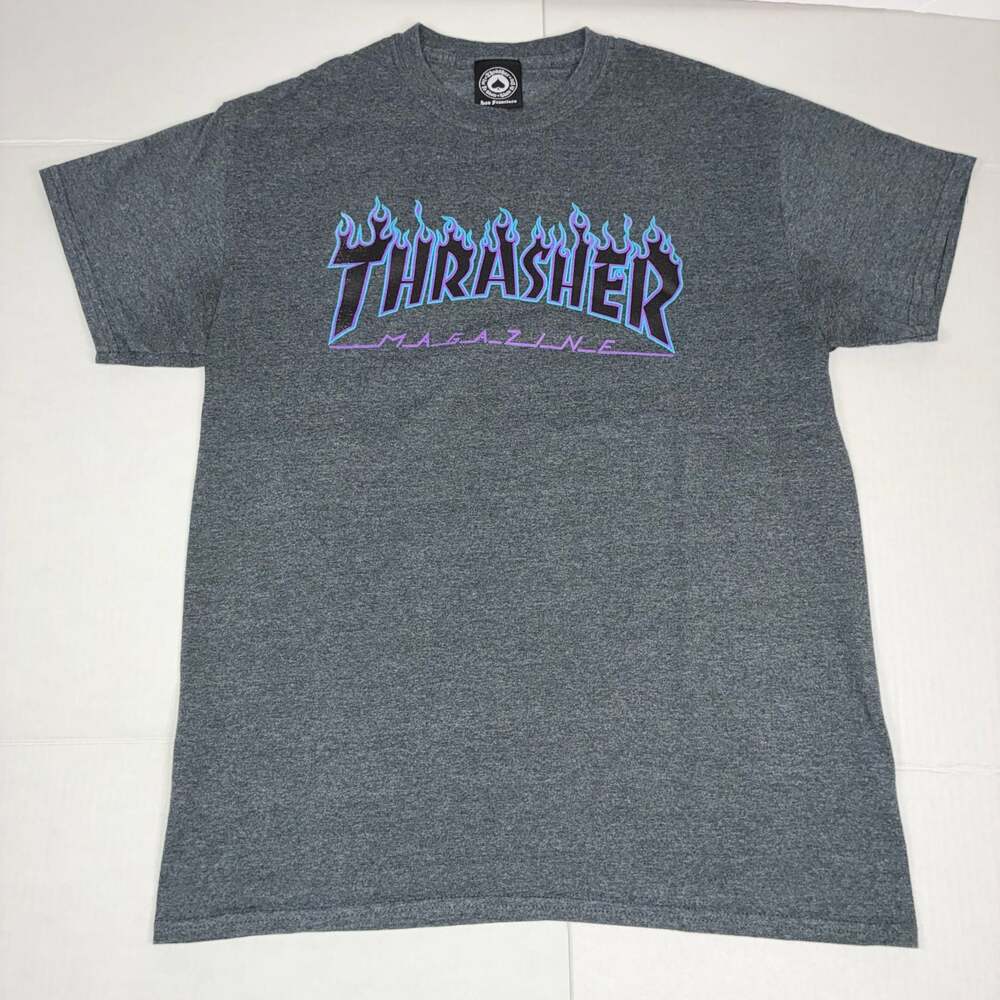 Thrasher Magazine Blue and Purple Flame Logo Dark Heather Gray T-Shirt S